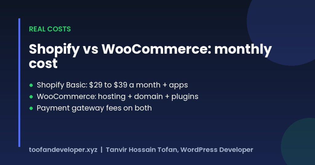 Shopify vs WooCommerce monthly cost comparison